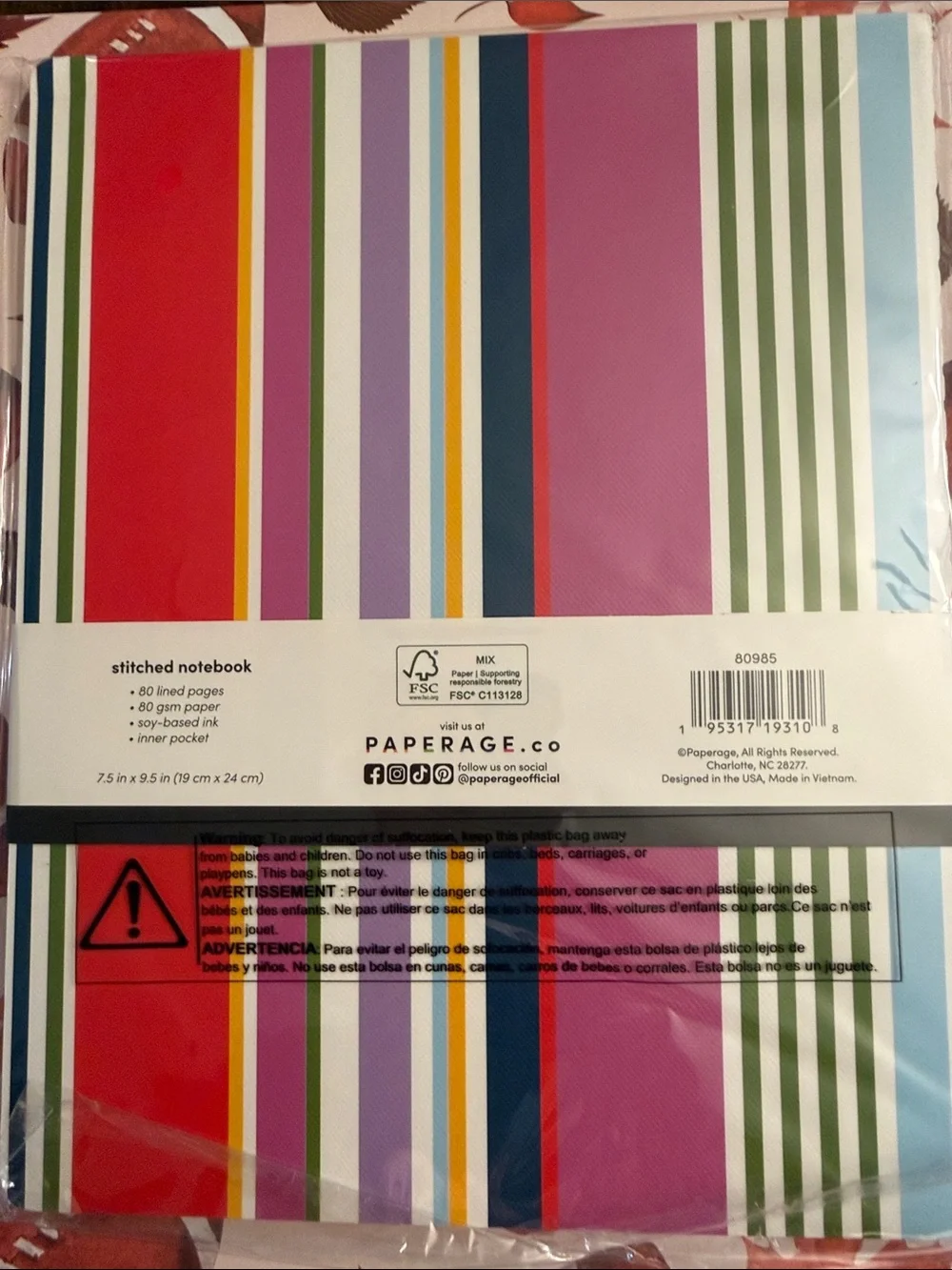 Paperage Bright Multicolor Striped Stitched Notebook - Pink/Purple/Blue Accents